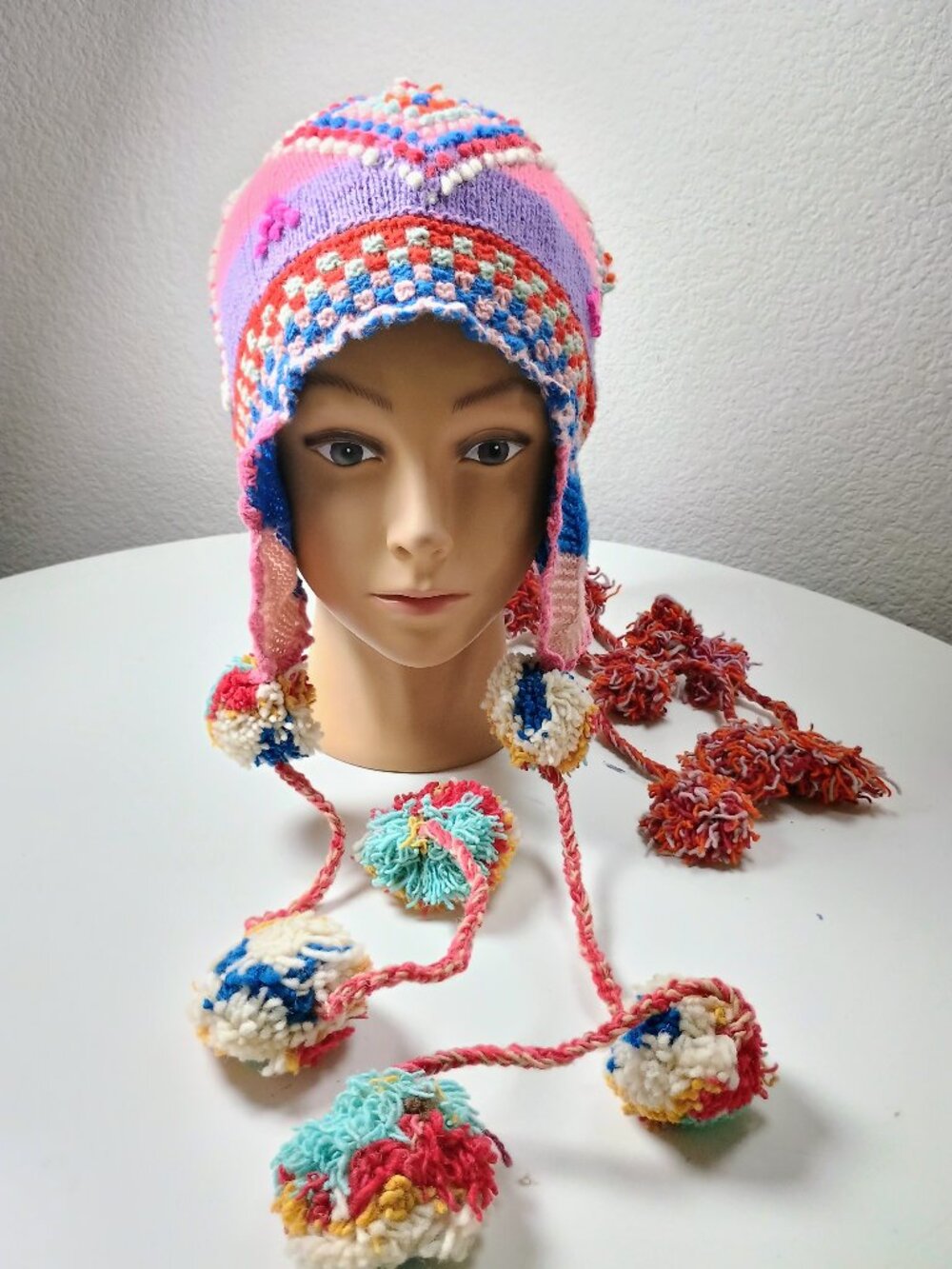 Andean Wool Winter Chullo with Geometric Patterns and Pom-poms